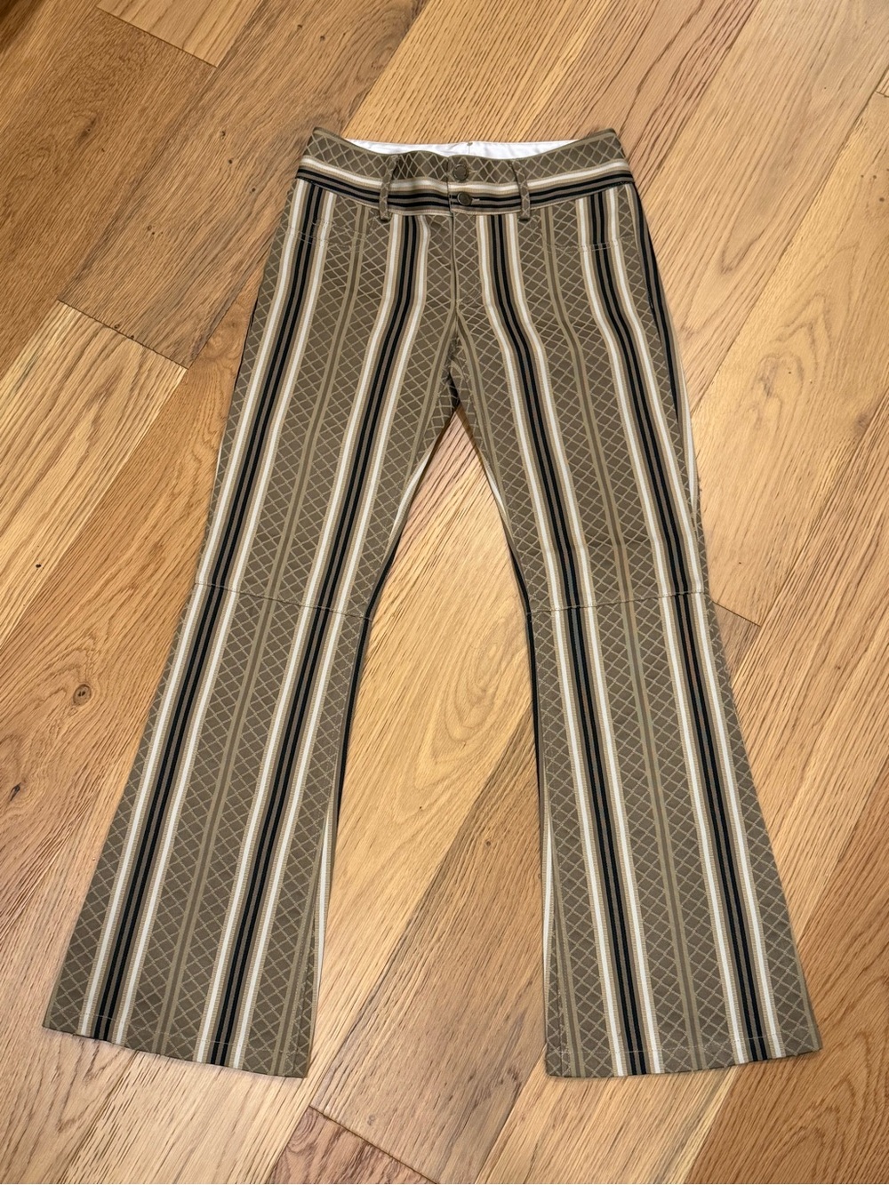 Alice + Olivia Style 1001 Retro Geometric Striped Flare Pants Sz 2 Tan Brown